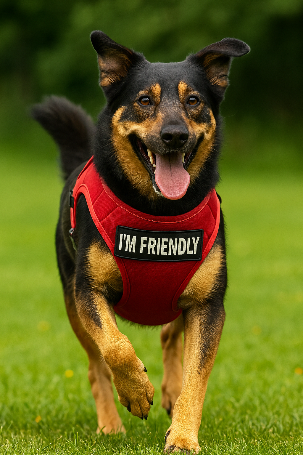 Dog wearing a red harness with 'I'm Friendly' tag running on grass