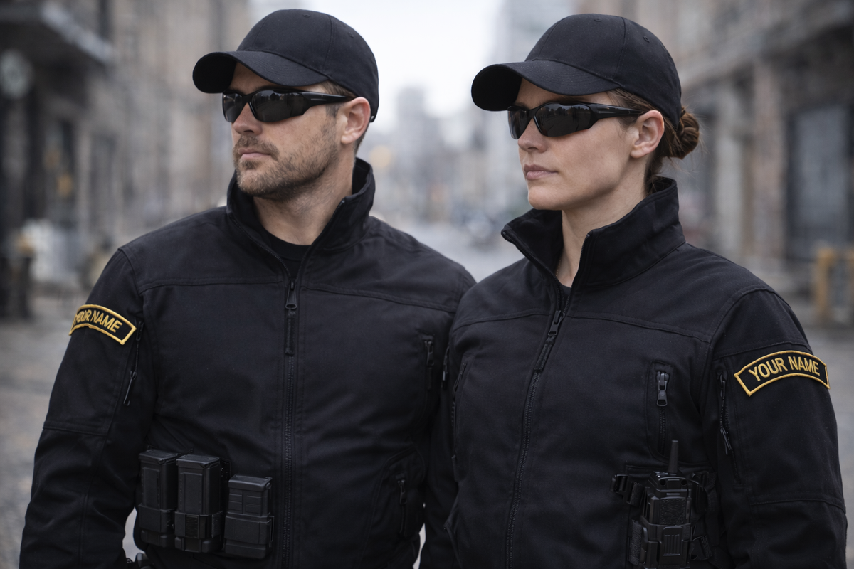 Two individuals in black tactical uniforms with name tags on a blurred city street background.