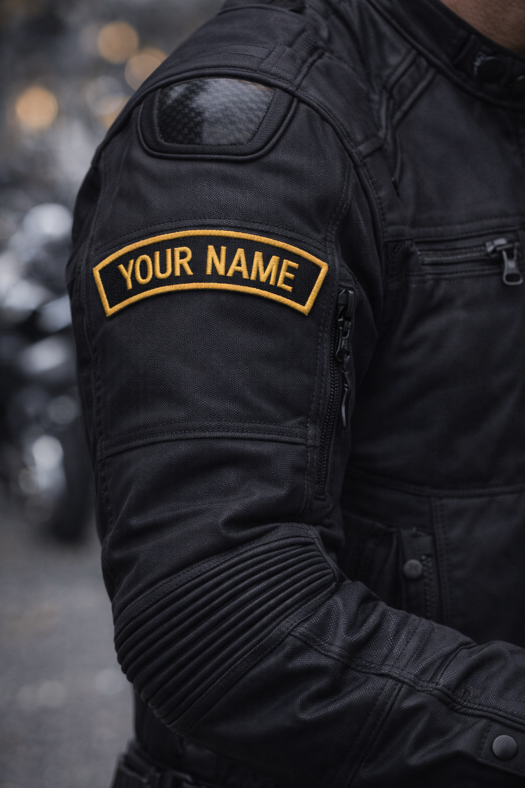 Black leather jacket with 'YOUR NAME' patch on sleeve