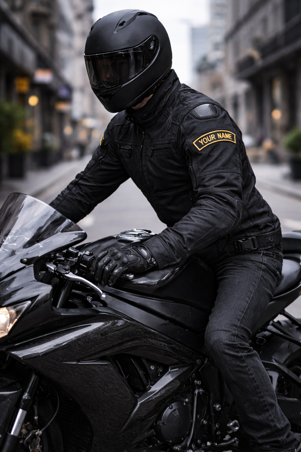 Person wearing a black motorcycle helmet and jacket with a gold patch on a city street.