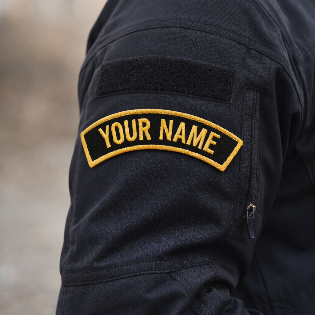 Black jacket with 'YOUR NAME' patch on sleeve against a blurred background