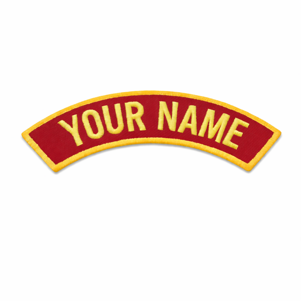 Red patch with yellow text 'YOUR NAME' on a white background