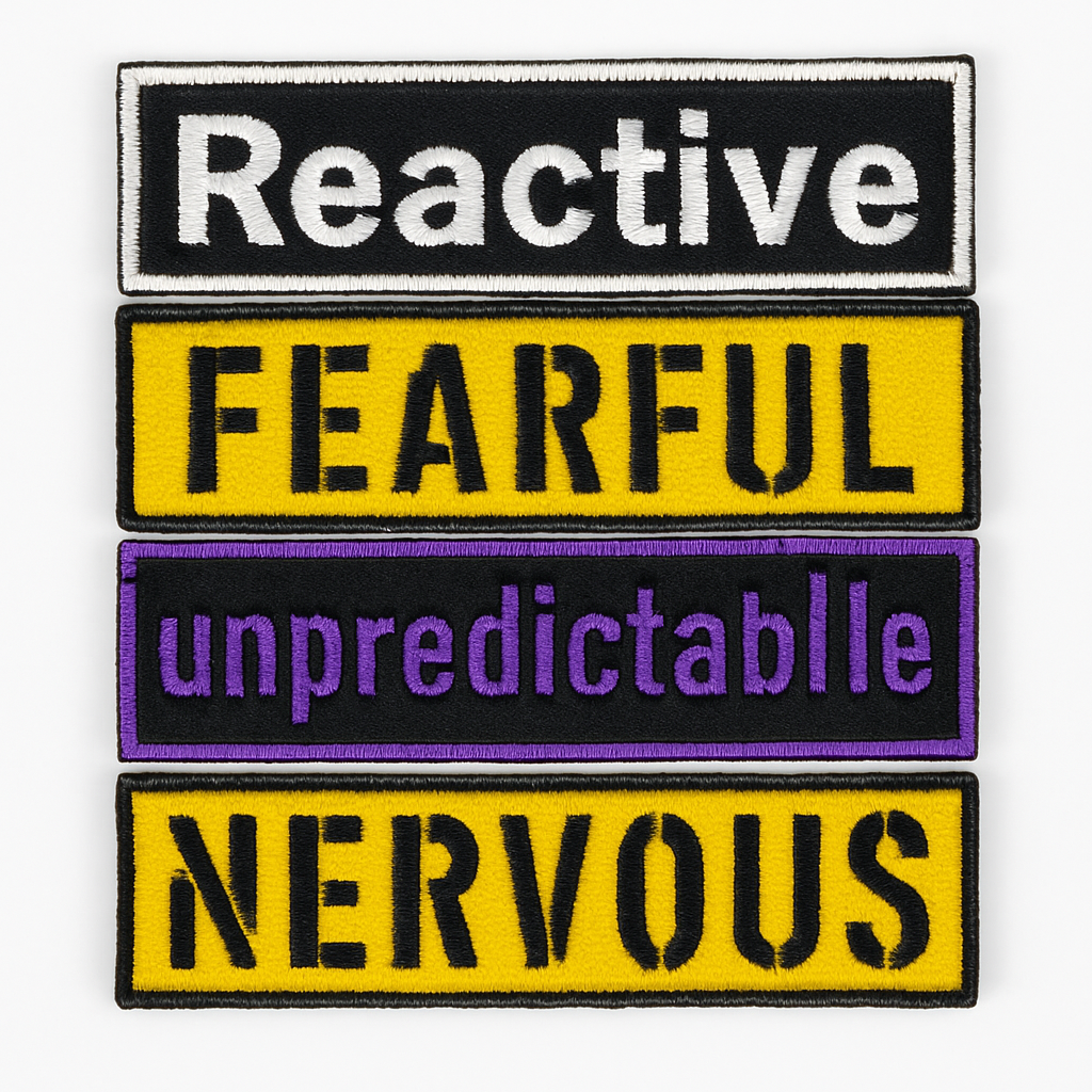 Four rectangular patches with text 'Reactive', 'FEARFUL', 'unpredictable', and 'NERVOUS' on a white background.