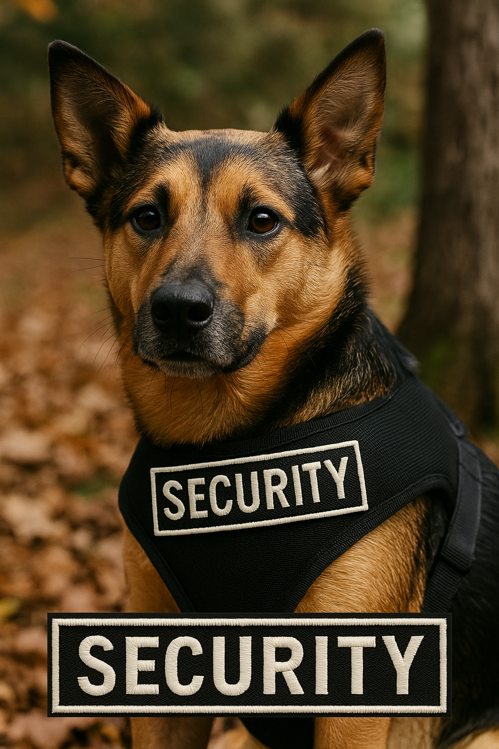 Dog wearing a security vest with 'SECURITY' patches outdoors.