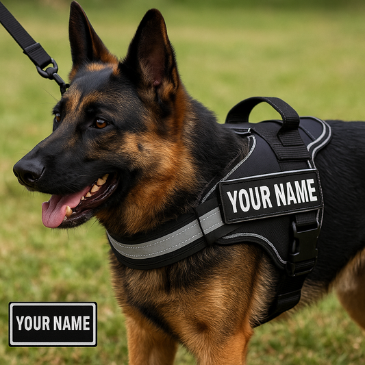 Dog wearing a black harness with 'YOUR NAME' tag on a grassy background