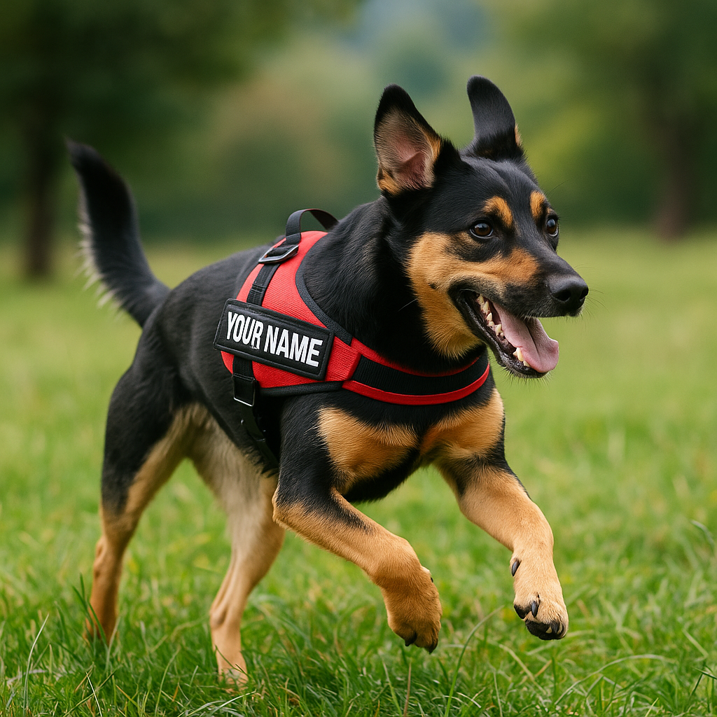 Dog running outdoors wearing a red harness with customizable text.