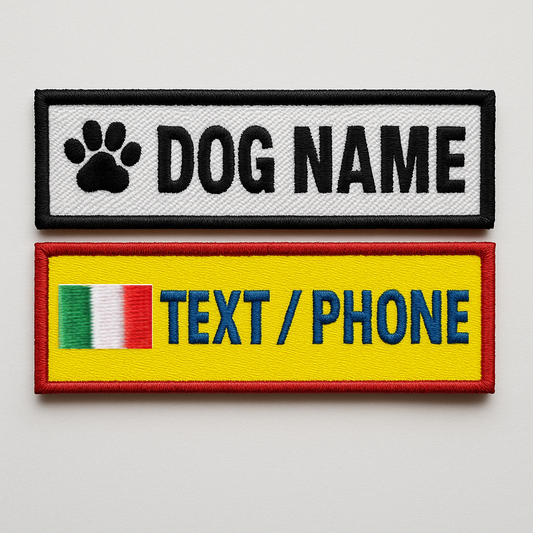 Two embroidered patches on a light gray background. The top patch has a paw print and 'DOG NAME' text, the bottom patch has 'TEXT/PHONE' text.